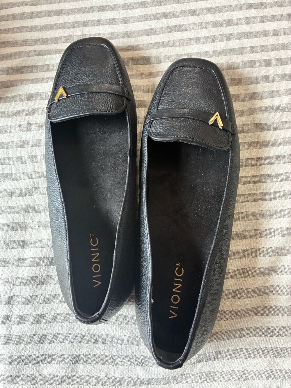 Vionic Black Leather Loafers with Gold Accent